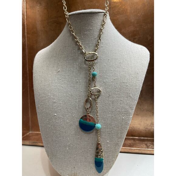 NWT Gold Long Chain Necklace, Turquoise & Teal Accents & Beads & Hammered Gold - Picture 2 of 7